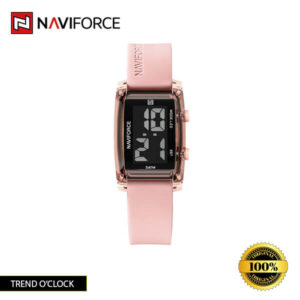 Naviforce NF7118 watch with a black dial and soft pink silicone strap.